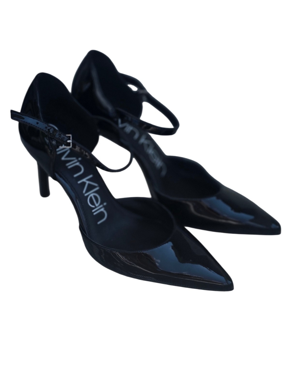 Calvin Klein Women's Black Patent Pointed-Toe Ankle-Strap Heels